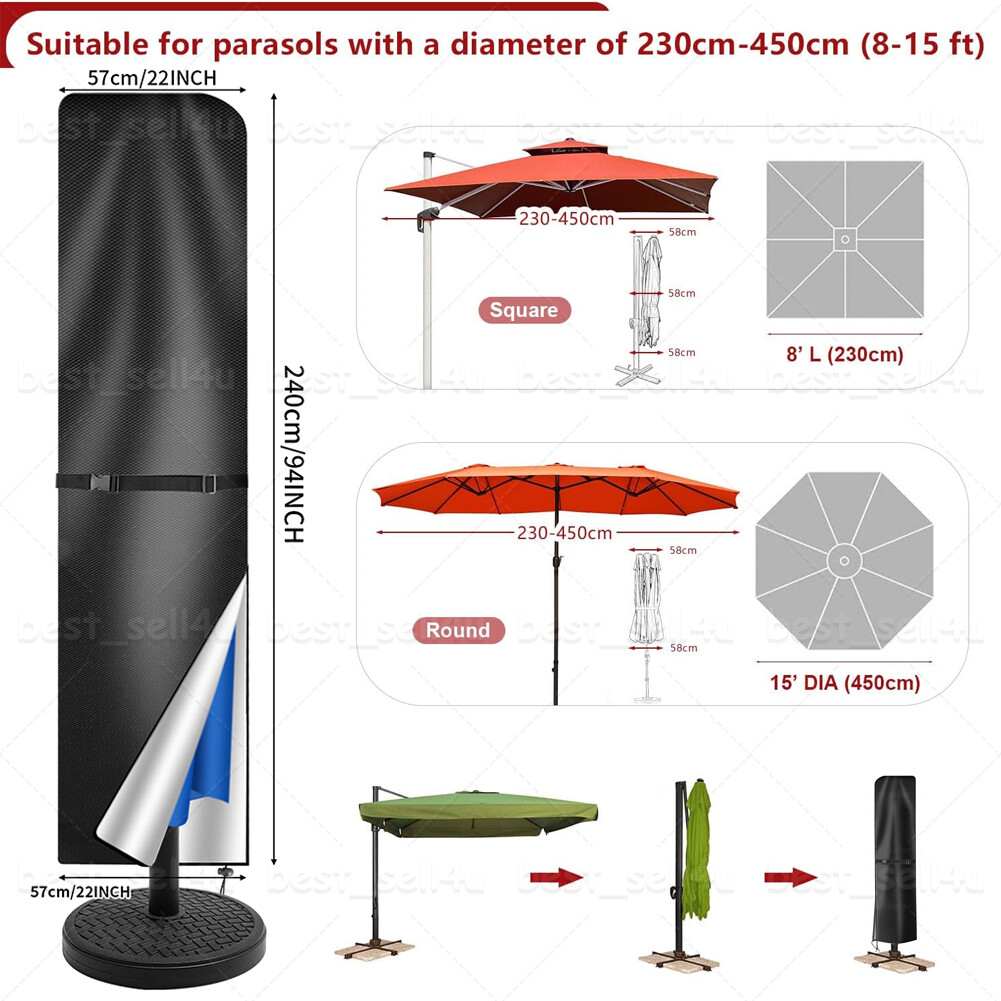 Patio Umbrella Cover with Rod for 8 to 15 Ft Umbrellas / Double-Sided Umbrellas